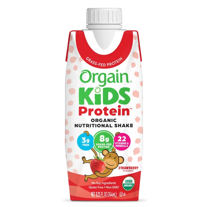 Front of Kids Protein Organic Nutrition Shake - Strawberry  Flavor in the 12 Shakes Size