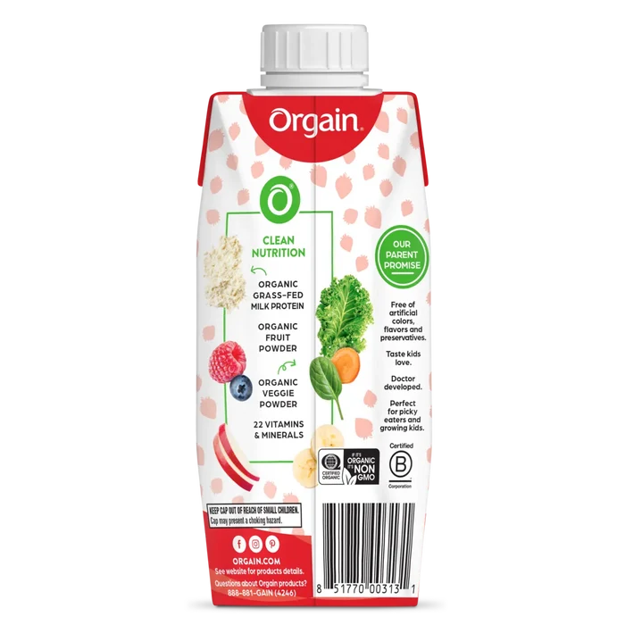 Back of Kids Protein Organic Nutrition Shake - Strawberry  Flavor in the 12 Shakes Size