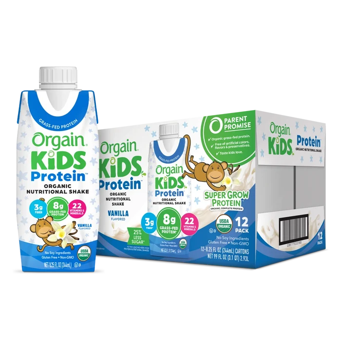 Single and case of Kids Protein Organic Nutrition Shake - Vanilla Flavor in the 12 Shakes Size