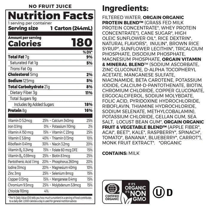 Nutrition fact panel and list of ingredients of Kids Protein Organic Nutrition Shake - Vanilla  Flavor