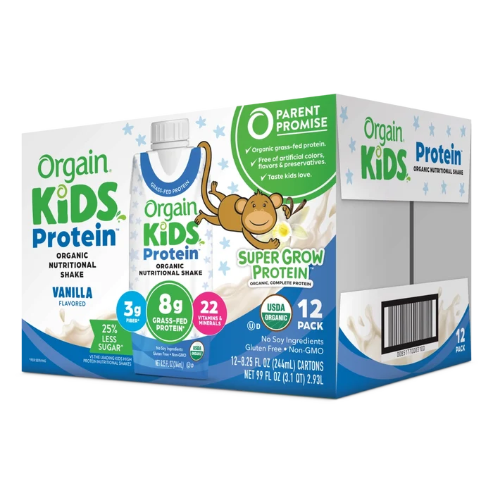 Angled Right side of Kids Protein Organic Nutrition Shake - Vanilla  Flavor in the 12 Shakes Size