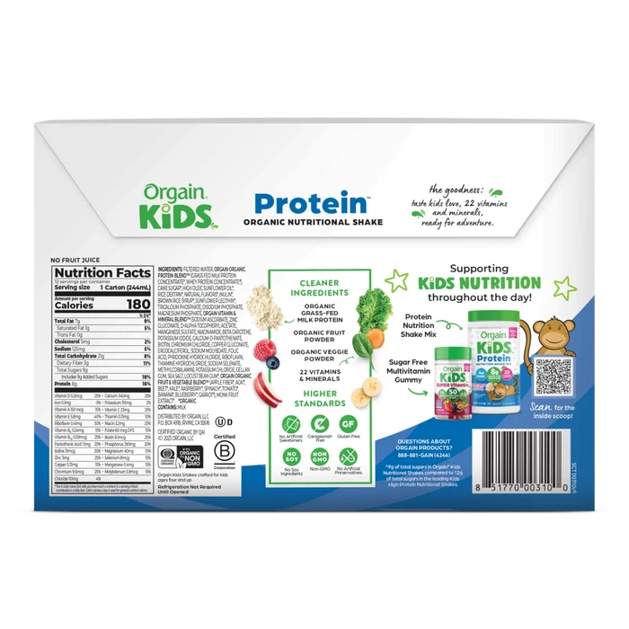 Back of Kids Protein Organic Nutrition Shake - Vanilla  Flavor in the 12 Shakes Size