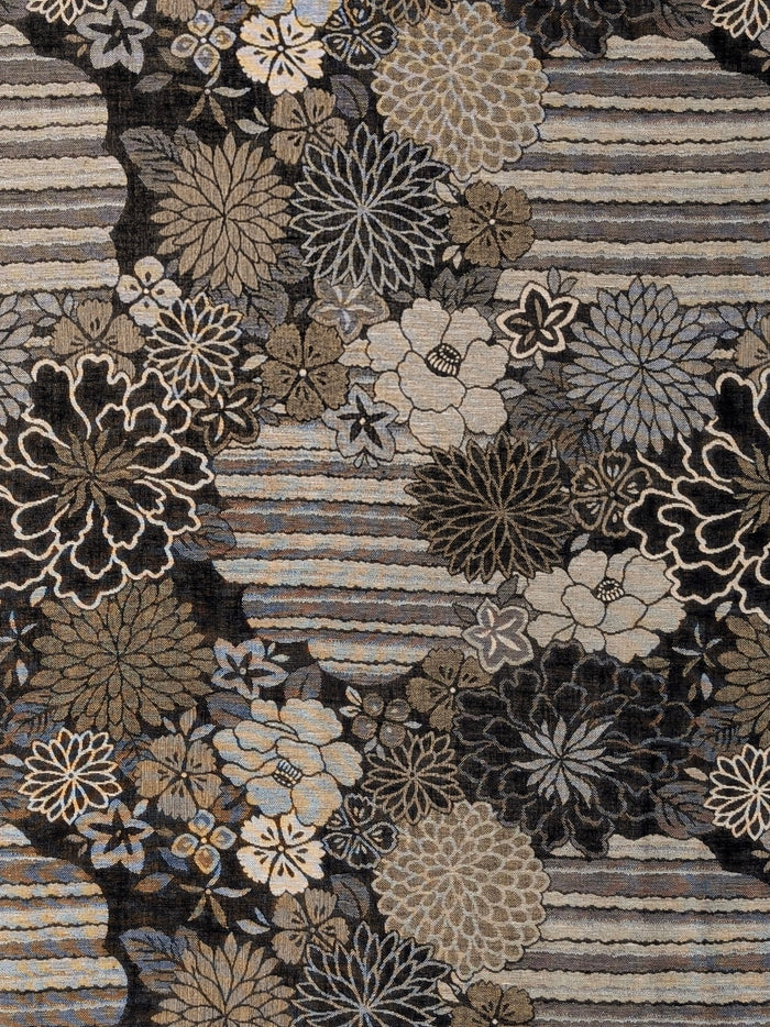 Kobayashi - Floral Blooms with Stripes Double Sided Jacquard Cotton Fabric - Black & Beige
