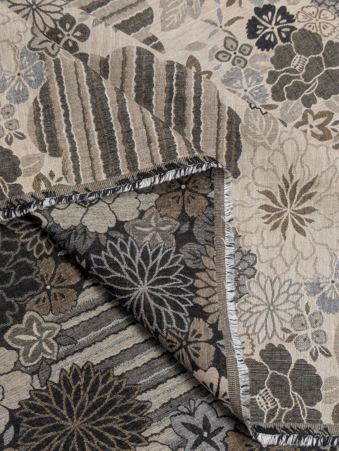 Kobayashi - Floral Blooms with Stripes Double Sided Jacquard Cotton Fabric - Black & Beige