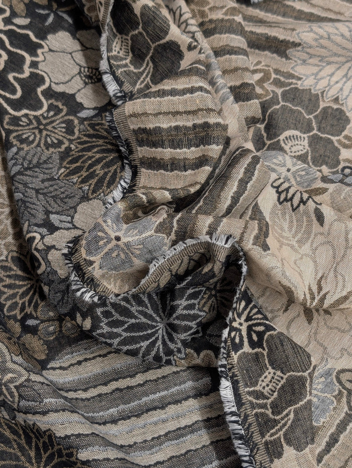 Kobayashi - Floral Blooms with Stripes Double Sided Jacquard Cotton Fabric - Black & Beige