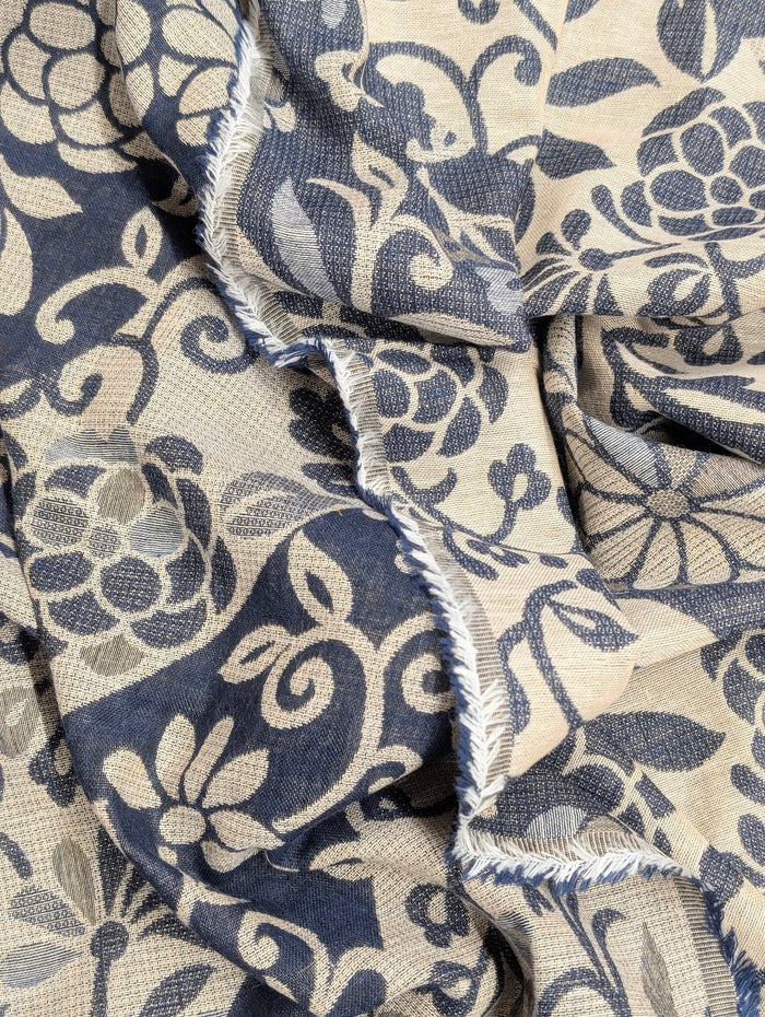 Kobayashi - Floral Vines Double Sided Jacquard Cotton Fabric - Blue & Beige