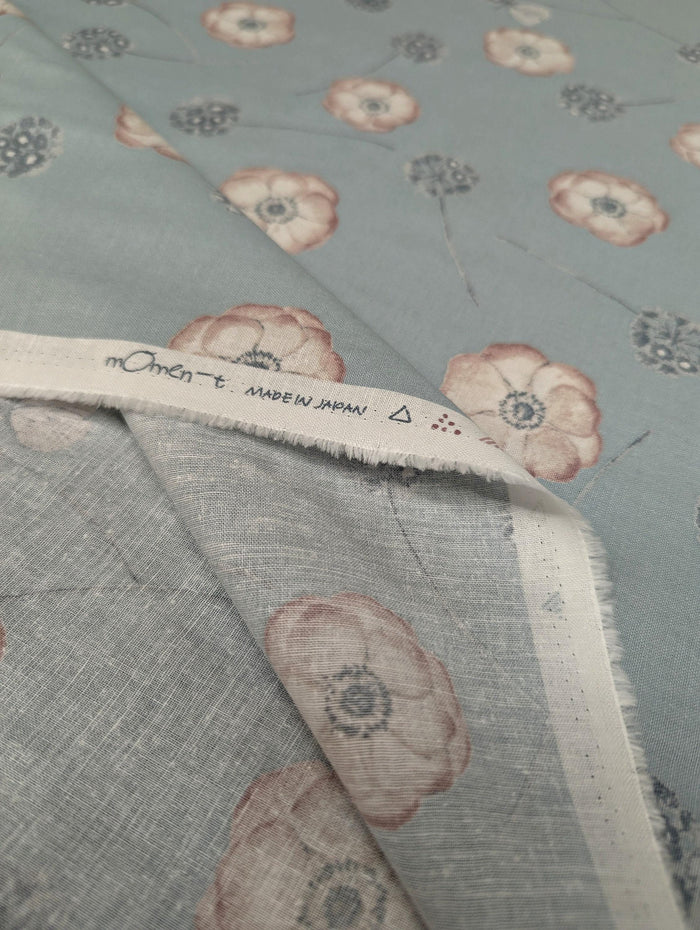 Koizumi - Poppies and Butterflies Cotton/Linen Blend - Light Blue