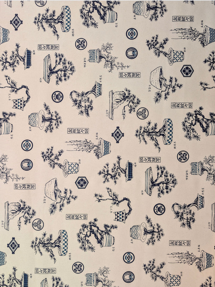 Kokka - Bonsai Trees Cotton Duck Canvas Fabric - Beige & Blue