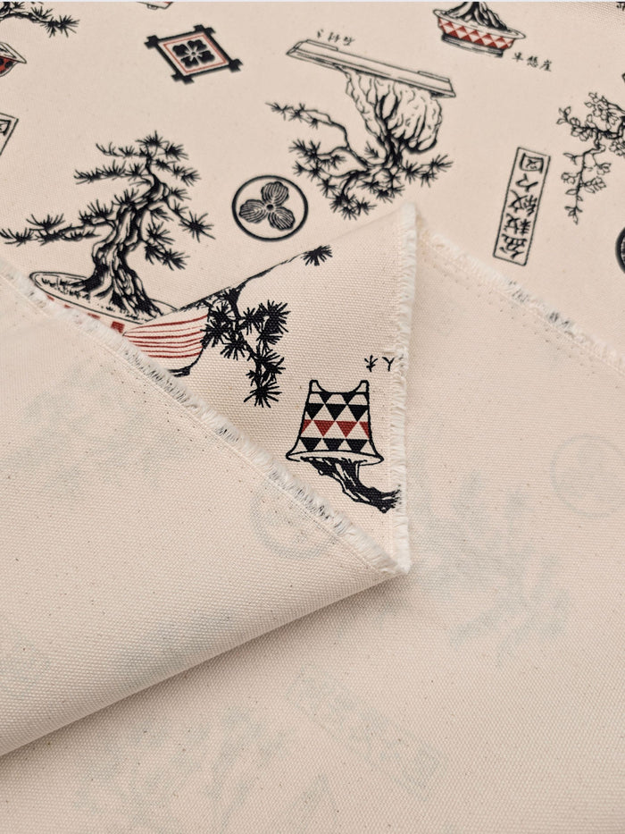 Kokka - Bonsai Trees Cotton Duck Canvas Fabric - Beige & Red