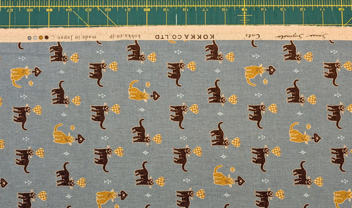 Kokka - Solitaire Cats Cotton/Linen Fabric - Teal Blue