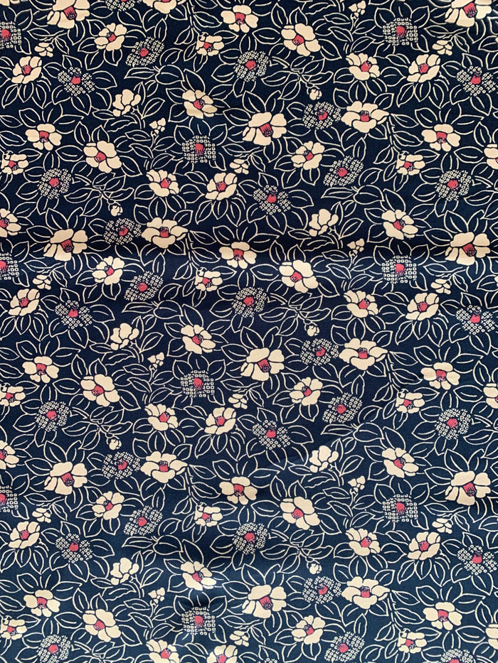 Blooming Camellias Japanese Cotton Fabric KW-3510 36A blue beige red