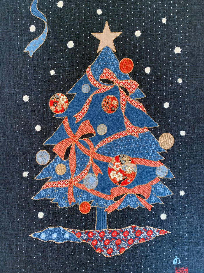 Kurenai - Christmas Holiday Tree Japanese Noren Panel - Blue
