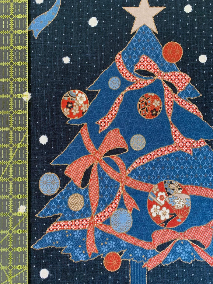 Kurenai - Christmas Holiday Tree Japanese Noren Panel - Blue