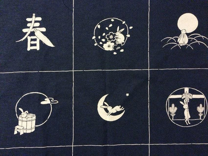 Kurenai - Four Seasons Usagi Rabbit Cotton Panel - Navy or Black