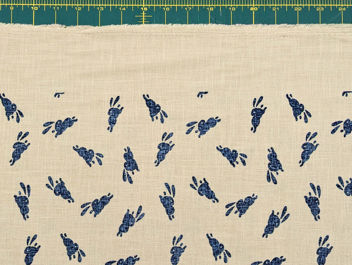 Kurenai - Hand Stenciled Bounding Rabbits Cotton - Blue Off-White