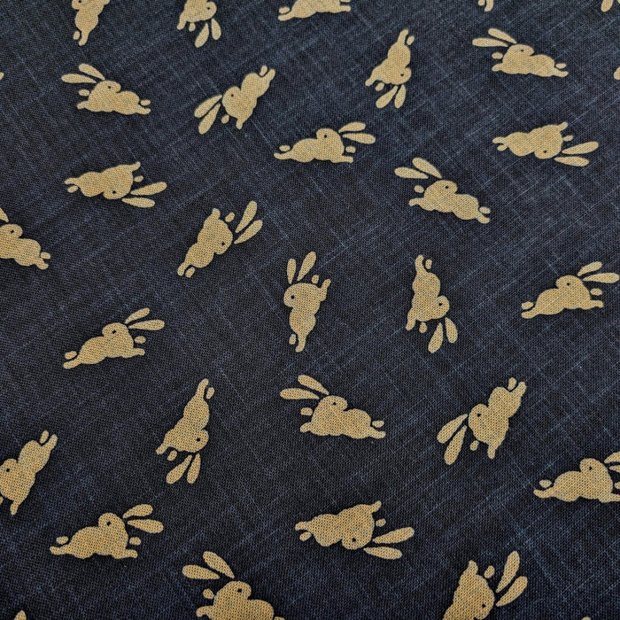 Bouncing Bunnies hand stenciled Japanese cotton fabric KP7090-95 A blue - half yard