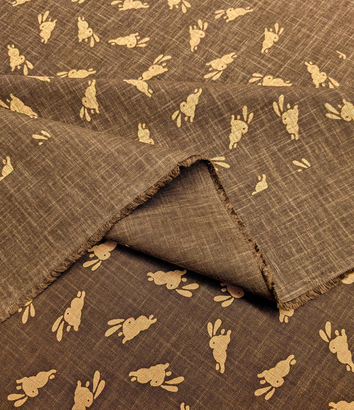 Bouncing Bunnies hand stenciled Japanese cotton fabric KP7090-95 C brown- half yard