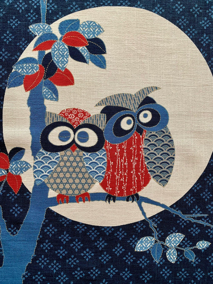 Kurenai - Owl Couple Japanese Noren Panel - Blue