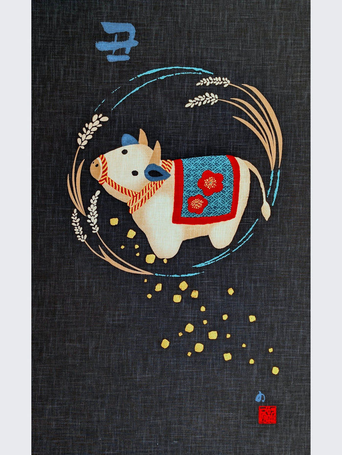 Kurenai - Year Of The Ox Noren Panel - Blue