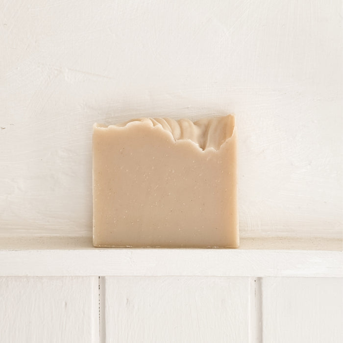 Unboxed Mariner's Moon Bar Soap sitting on white shelf