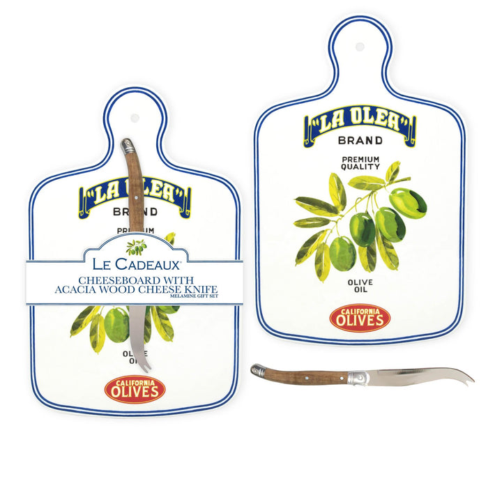 Melamine cheeseboard gift set — close up showing cheese tools