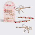 Metal Gemstone and Bow Bobby Pins 4pc Set