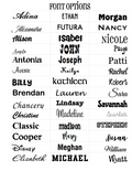 Monogramming font options — available embroidery fonts at Jeannine's Gifts RVC