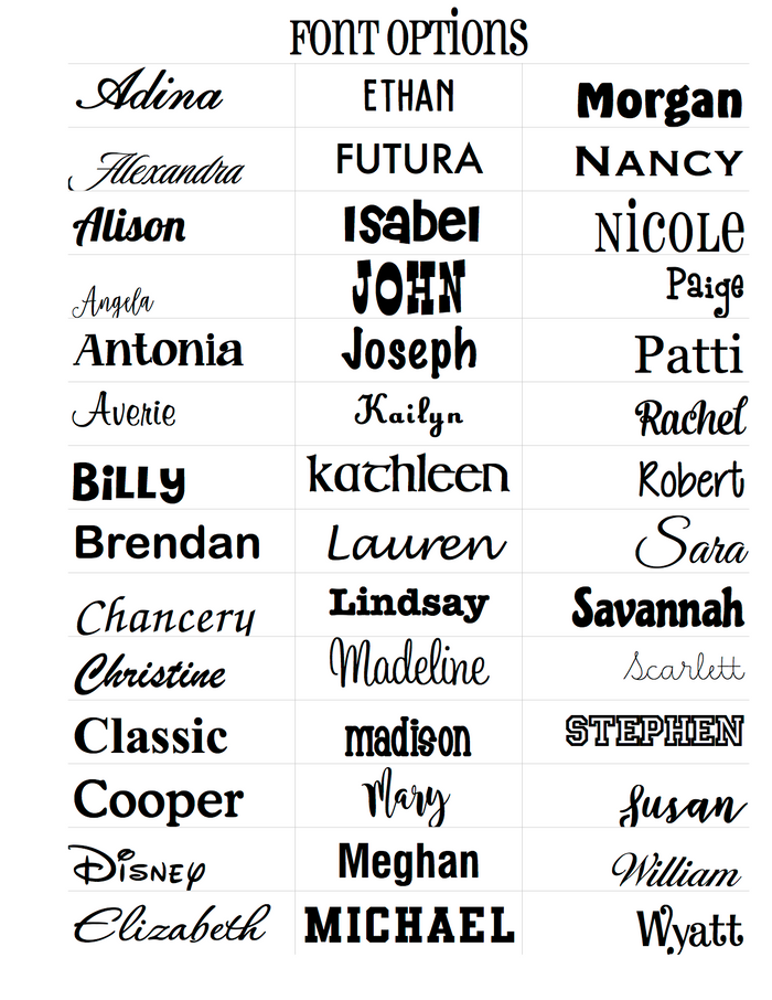 Monogramming font options — available embroidery fonts at Jeannine's Gifts RVC