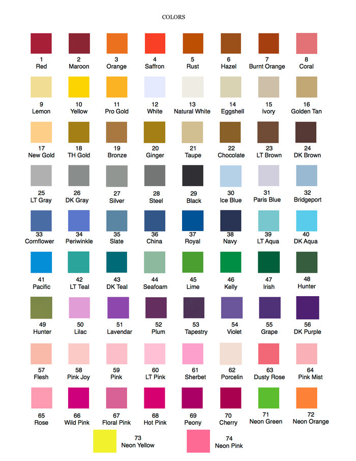 Embroidery thread color options — available colors for personalization at Jeannine's Gifts RVC