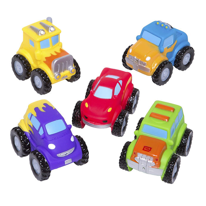 Monster truck baby bath squirties — shown in bath