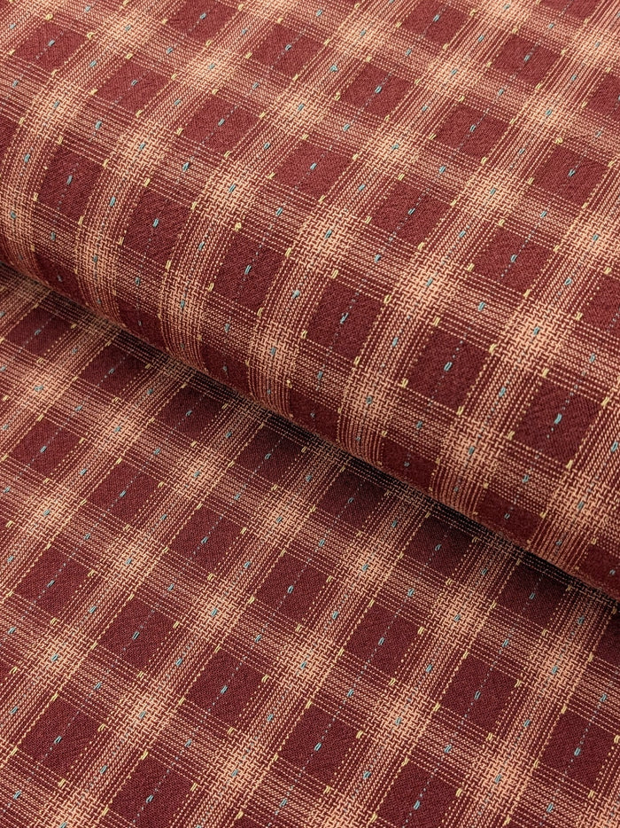 MYD - Dotted Texture Cotton Gingham Plaid Yarn Dyed Fabric -  Burgundy and Pink