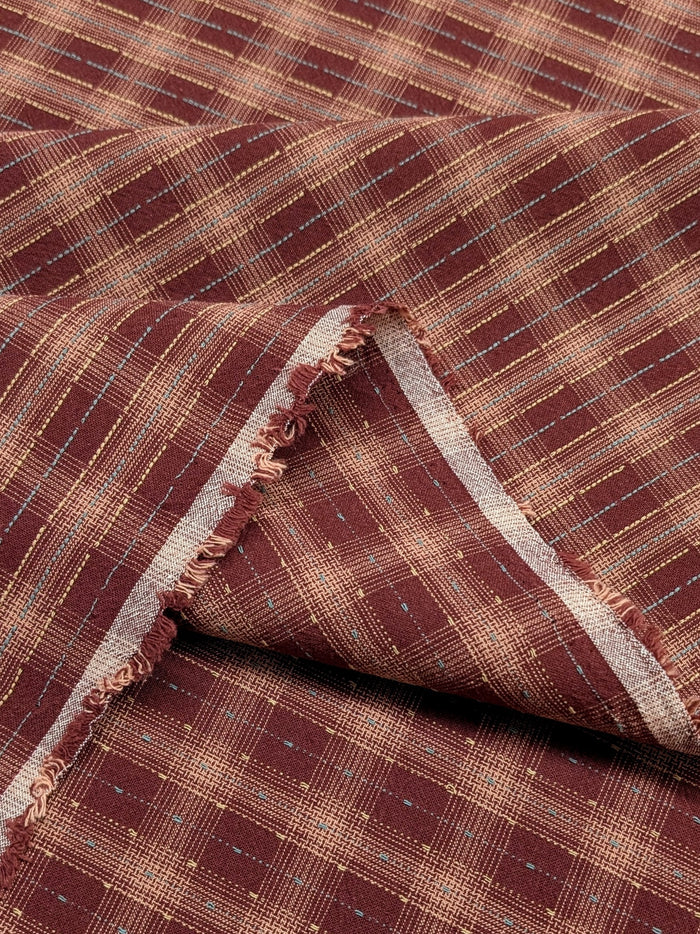 MYD - Dotted Texture Cotton Gingham Plaid Yarn Dyed Fabric -  Burgundy and Pink