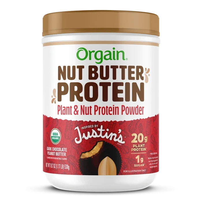 Front of Orgain Nut Butter Protein Plant & Nut Protein Powder in the dark chocolate peanut butter flavor
