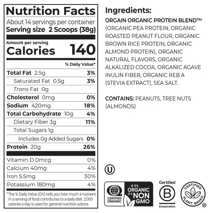 Nutrition Fact Panel and List of ingredients for Orgain Nut Butter Protein Plant & Nut Protein Powder in the dark chocolate peanut butter flavor