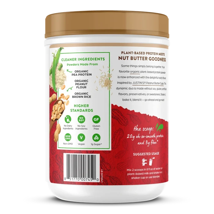Left side of Orgain Nut Butter Protein Plant & Nut Protein Powder in the dark chocolate peanut butter flavor