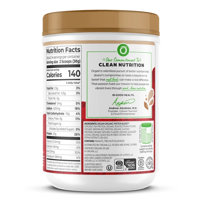 Right side of Orgain Nut Butter Protein Plant & Nut Protein Powder in the dark chocolate peanut butter flavor