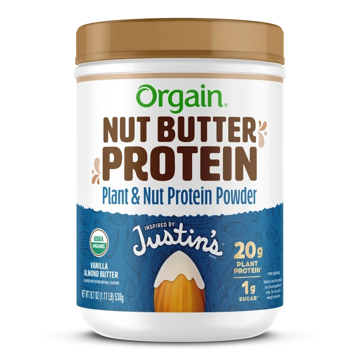 Front of Orgain Nut Butter Protein Plant & Nut Protein Powder in the vanilla almond butter flavor