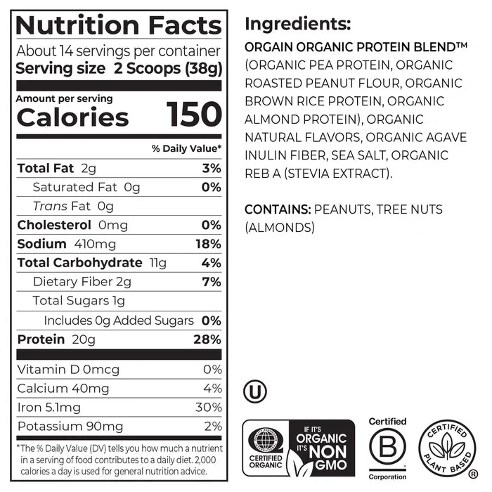 Nutrition Fact Panel and list of Ingredients for Orgain Nut Butter Protein Plant & Nut Protein Powder in the vanilla almond butter flavor