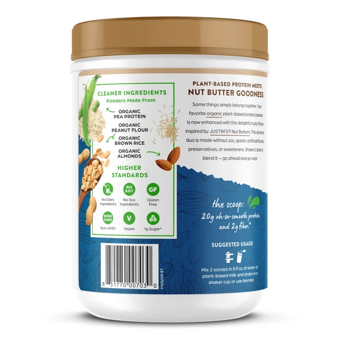 Left side of Orgain Nut Butter Protein Plant & Nut Protein Powder in the vanilla almond butter flavor