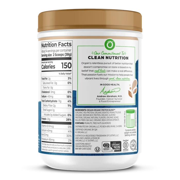 Right side of Orgain Nut Butter Protein Plant & Nut Protein Powder in the vanilla almond butter flavor