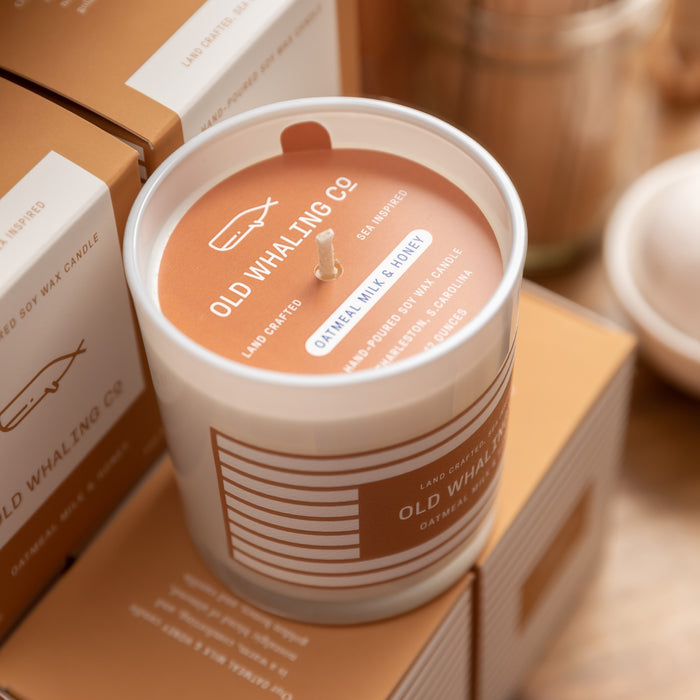 Top view of Oatmeal Milk & Honey Candle on retail display