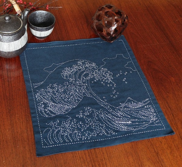 Olympus - Hokusai Collection "Mt. Fuji Reflected" Cotton Sashiko Sampler Cloth - White or Navy