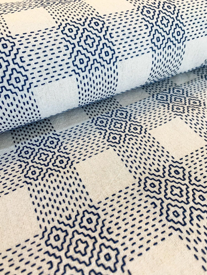 Olympus - Sashiko Sakizomemomen Fabric by the Yard - White Blue