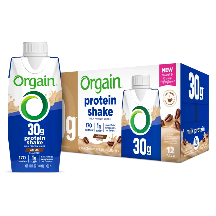 Front of 30g protein shake cafe latte flavor  in tetra and box size
