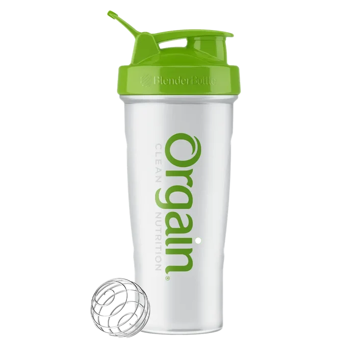 front of Orgain Classic BlenderBottle - 28oz Clear/Green Color in the 1.02lb Canister Size