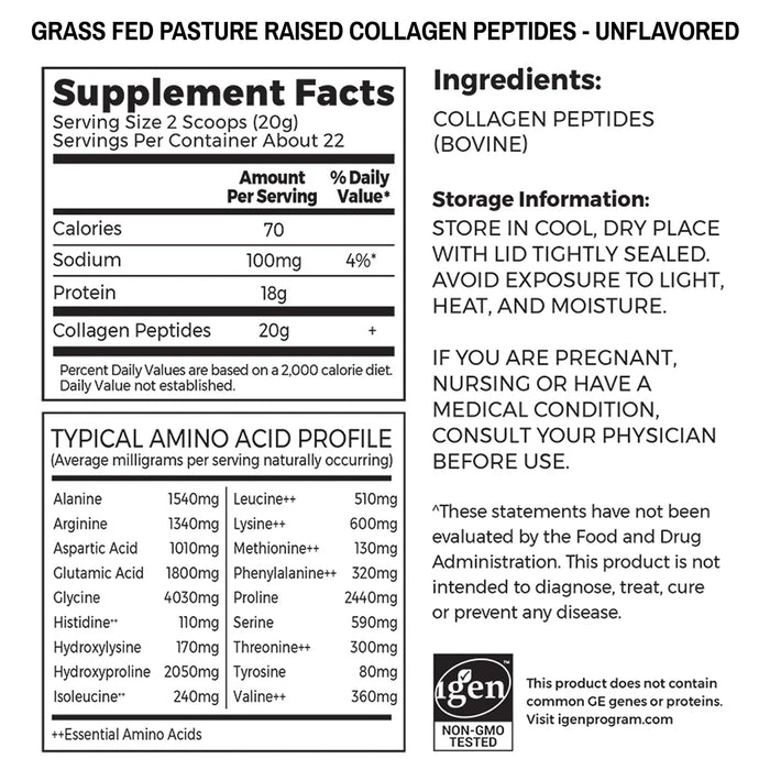 Supplement label for grass fed pasture raised collagen peptides with ingredient list and storage information.