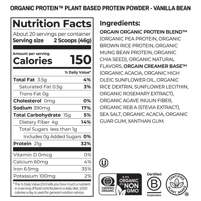 Nutrition facts and ingredients label for Organic Protein plant-based protein powder.