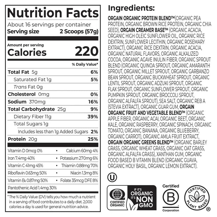 Nutrition Fact Panel for Organic Meal Powder 2.01lb creamy chocolate fudge