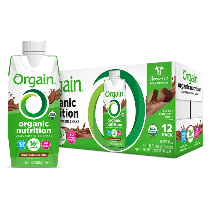Single and case of Organic Nutrition Shake Creamy Chocolate Fudge Flavor in the 12 Shakes Size
