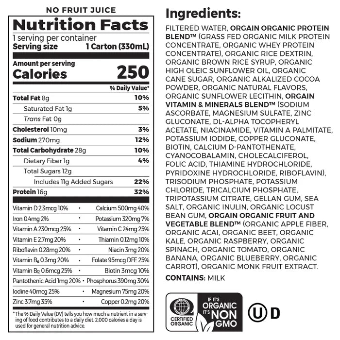 Nutrition fact panel and list of ingredients of Organic Nutrition Shake Creamy Chocolate Fudge Flavor in the 12 Shakes Size